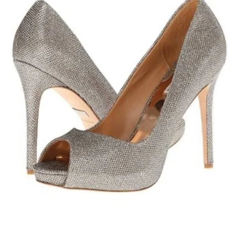 Badgley Mischka Leather Glitter Accents Winter Peep Toe Platform Pumps Champagne